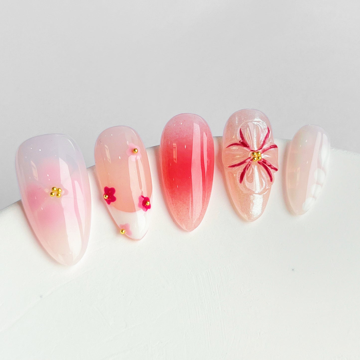 Embrace Floral Serenade Handmade Press On Nail Pink Flower Art Flase Nails Set Short Almond 10PCS