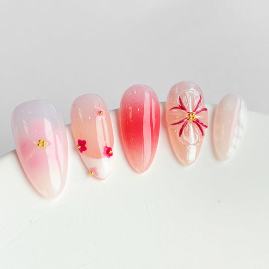 Embrace Floral Serenade Handmade Press On Nail Pink Flower Art Flase Nails Set Short Almond 10PCS