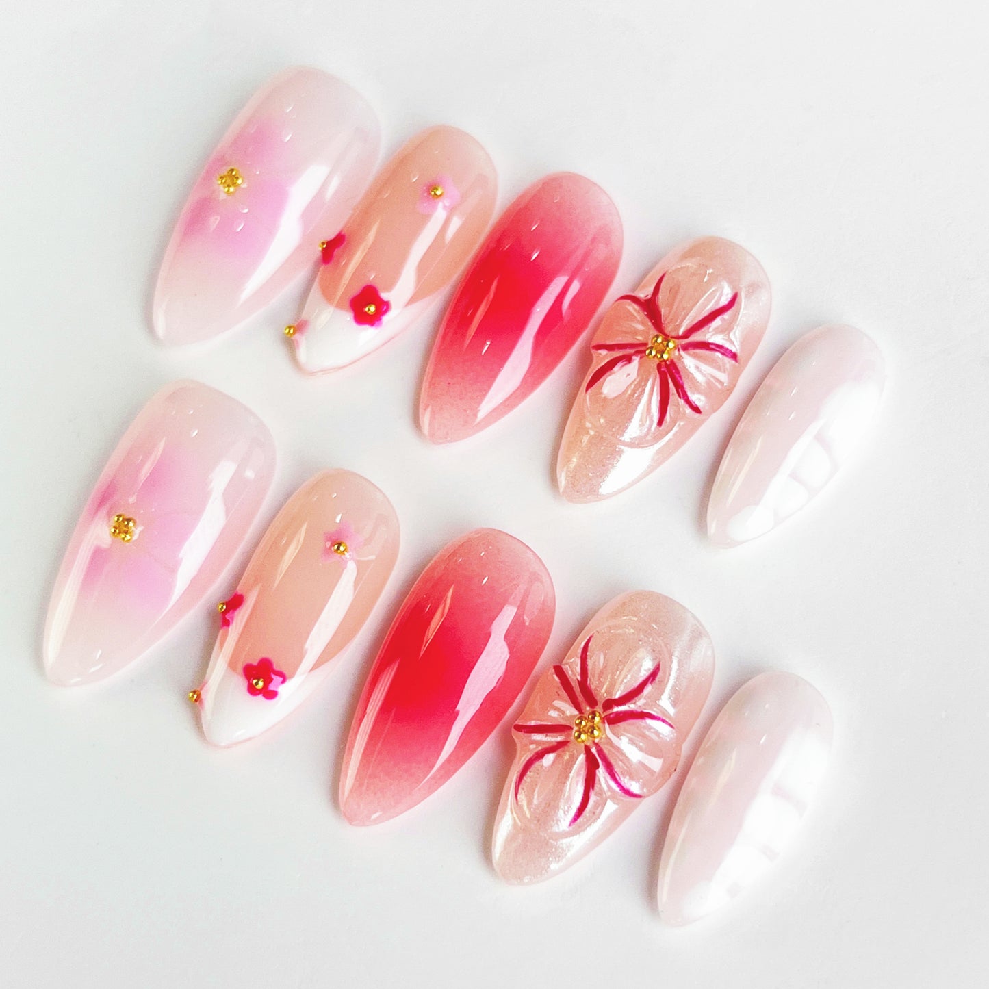 Embrace Floral Serenade Handmade Press On Nail Pink Flower Art Flase Nails Set Short Almond 10PCS