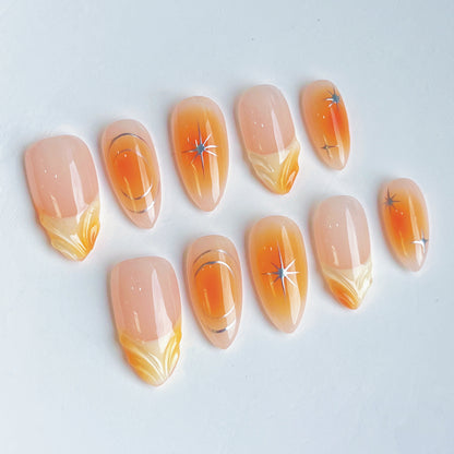 Sunset Elegance Gradient French Handmade Press on Nails Set Short Almond Flase Nails