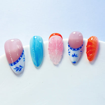 Summer Orange Blossom Handmade Press On Nail Art 3D Orange Sunshine Flase Nails Set