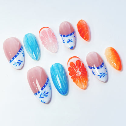 Summer Orange Blossom Handmade Press On Nail Art 3D Orange Sunshine Flase Nails Set