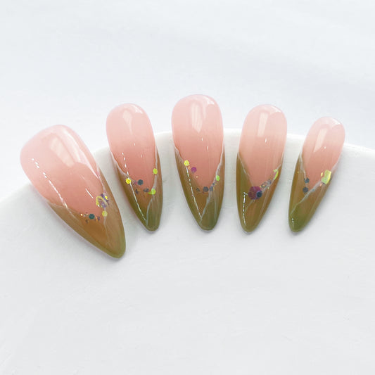 Serene Meadows Handmade Press On Nail Almond French Sequin Flase Nails 10pcs/Set